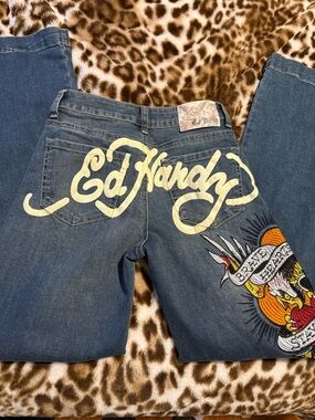 Ed Hardy Women's Low Rise  Blue Embroidered Logo Jeans